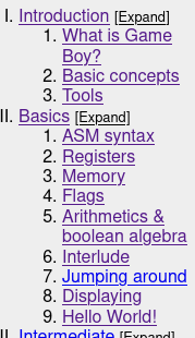 Screenshot of GB ASM tutorial table of contents