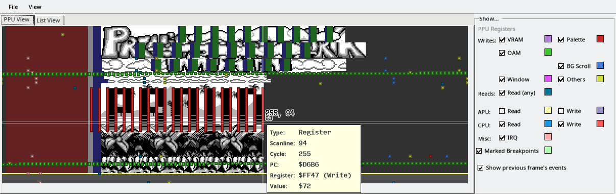 Screenshot of Mesen-S’ Event Viewer.