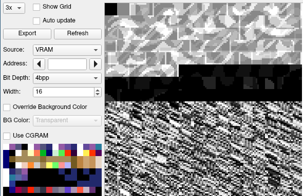 The packed tiles, as seen in grayscale in a SNES debugger